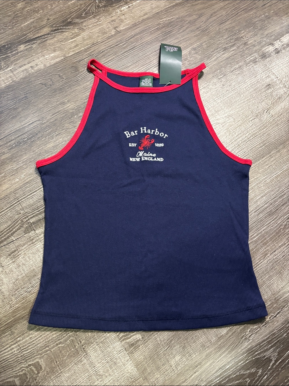 Womens Navy Ribbed Tank with Red Trim